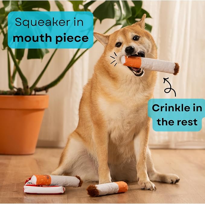 Nestpark Muttboro Doggy Cigs Funny Dog Toys - Parody Plush Squeaky Crinkle Interactive Dog Toy - Hide and Seek Treat Hiding Burrow Puzzle Toy for Stimulating Enrichment Activity