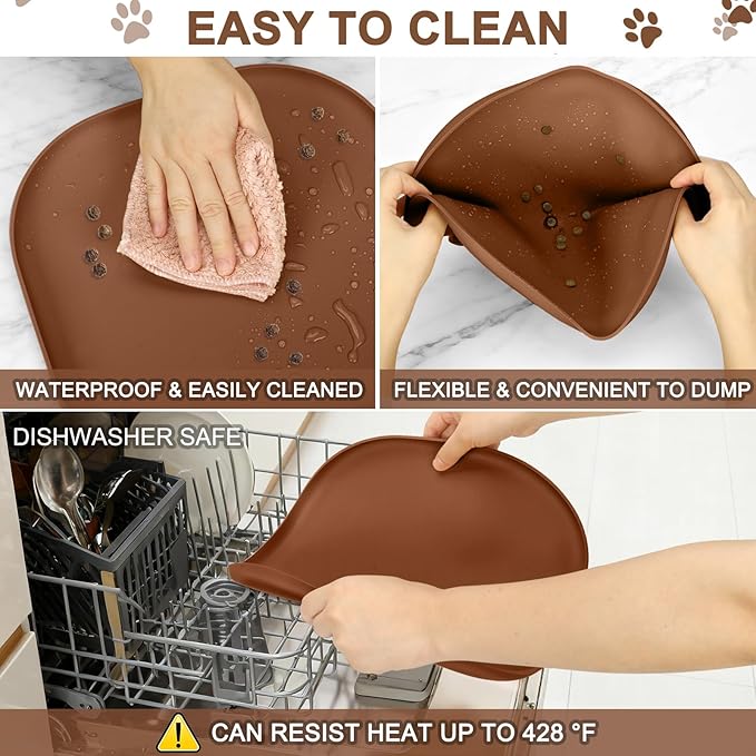 SMILOOL Small Silicone Pet Food Mat with Raised Edge for Food and Water Bowl, Square Dog Feeding Mats, Cat Food Trays for Floor Waterproof, Rubber Tray for Dogs and Cats, 12 x 12 x 0.7 Brown