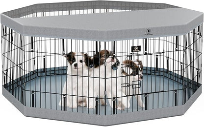 PJYuCien Dog Playpen with Top Cover and Bottom Pad - Metal Foldable Exercise Pen, 8 Panels 24" H x 24" W Indoor Outdoor Pet Fence Puppy Crate Kennel, Gray