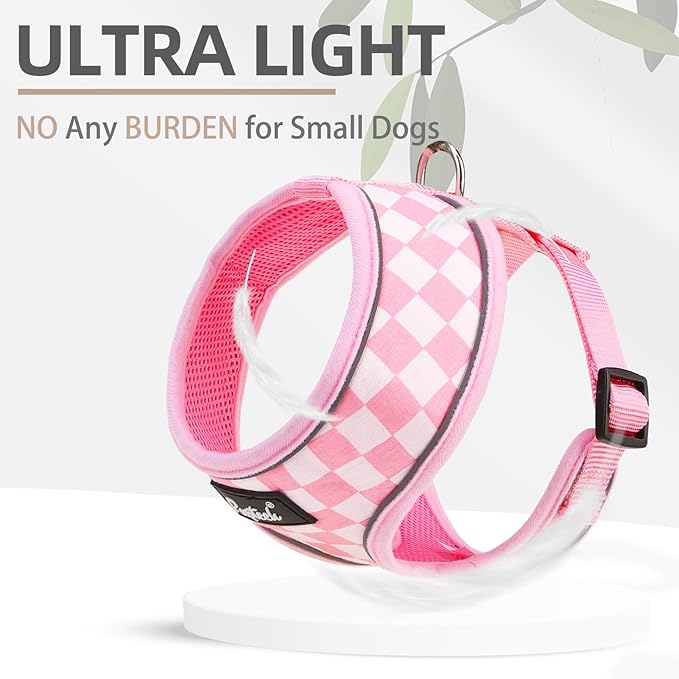 PUPTECK Soft Mesh Dog Harness and Leash Set Pet Puppy Cat Comfort Padded Vest No Pull Harnesses, Checkered Pink&White, L