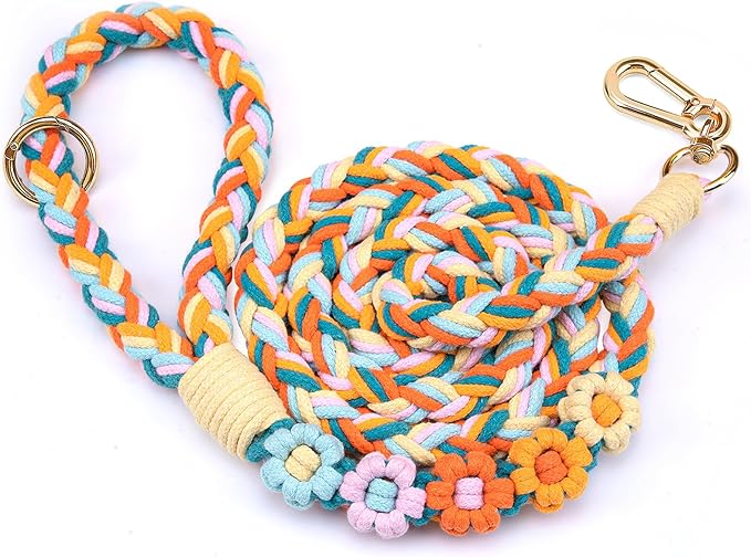 Handmade 5ft Braided Cotton Dog Leash with Unique Floral Handle, Durable and Stylish, Ideal for Small to Large Dogs,Rainbow Mix