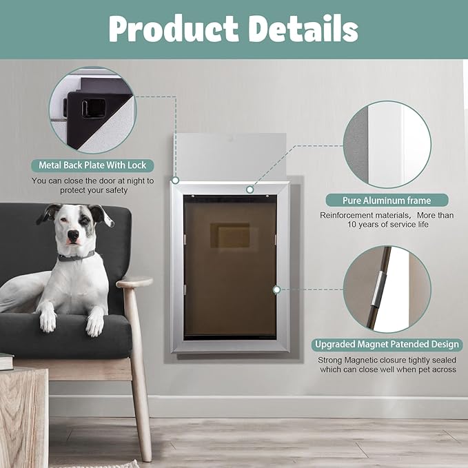 Dog Door Aluminum Pet Door with Large Flap 11" x 16", Doggie Door Designed with Automatic Closing Magnetic Flap, Telescoping Tunnel & Lockable Sliding Panel for Extreme Weather, Large