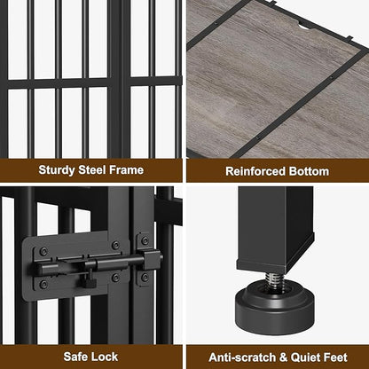 Easycom 43" Dog Crate Furniture Foldable, No Assembly Decorative Dog Kennel Indoor, XL Dog Crates for Large Dogs (60-80 lbs), Wooden Dog Cage with Adjustable Bowls and Name Tag, Oak Grey