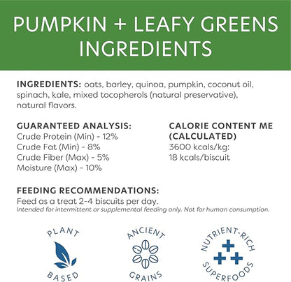 Body and Soul Pumpkin + Leafy Greens Crunchy Premium Training Dog Treat Superfood Oven Baked Biscuits Oats Barley & Quinoa - Clean Natural Plant Protein, No Additives No Fillers Made in USA 2Pk (20oz)
