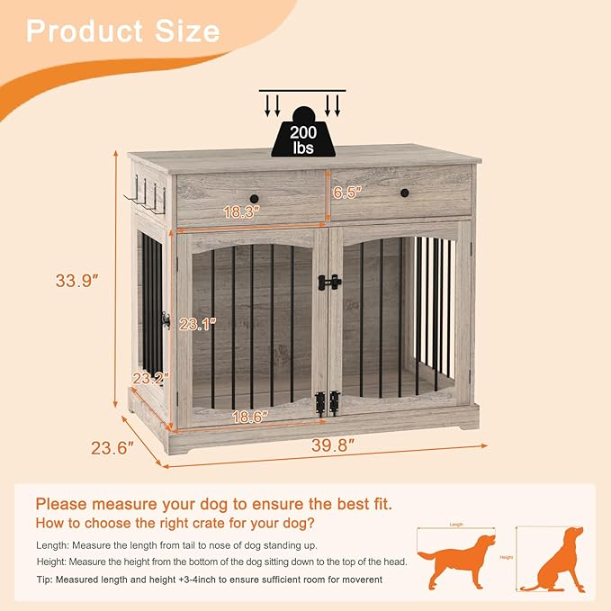 BREEZEHEAT Rustic Grey Dog Crate Furniture-40 inch Farmhouse Dog Kennel with Two Drawers-End Table Wooden Pet Crate, Decorative Dog House Indoor for Small Medium Large Dog