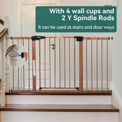 Babelio Metal Auto Close Baby Gate PressGuard P7, 29"-55" Wide Extra Wide Pet Gate for The House and Doorways, Pressure Mounted Walk Thru Child Gate with Door, Brown Wood Pattern