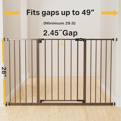 InnoTruth 28.9-49" Baby Gate for Doorways, 28" Tall Extra Wide Doggy Gates for Stairs One-Hand Opening, Easy Walk Thru Dual Lock Dog Gates for The House, Kitchen, Balcony, Easy Install Kid Gate,Brown