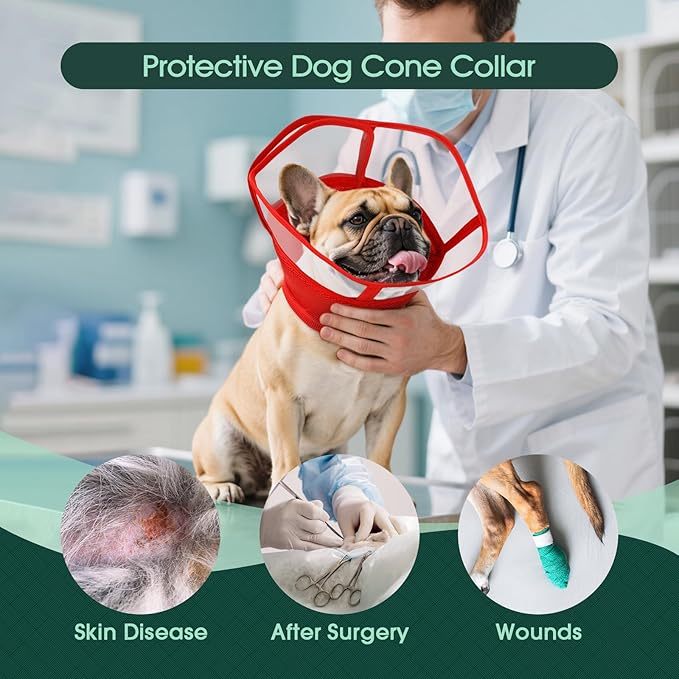 Kuoser Small Dog Cone Collar After Surgery, Soft Cone for Dogs to Stop Licking, Breathable Pet Recovery Collar Comfortable Elizabethan Collars, Adjustable Protective Dog Cones for Small Dogs, Red S