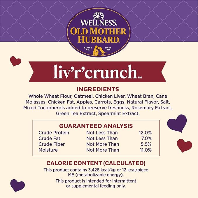Wellness Old Mother Hubbard Classic Liv'R'Crunch Dog Biscuits, Natural Training Treats, Chicken Liver, Oats, Apple and Carrot Flavor, Mini Size, 20 oz Bag