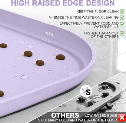 Smilool Silicone Pet Food Mat with Raised Edge for Food and Water Bowl, Dog Feeding Mats, Cat Food Trays for Floor Waterproof, Rubber Tray for Dogs and Cats, 24 x 16 x 0.8 Light Purple