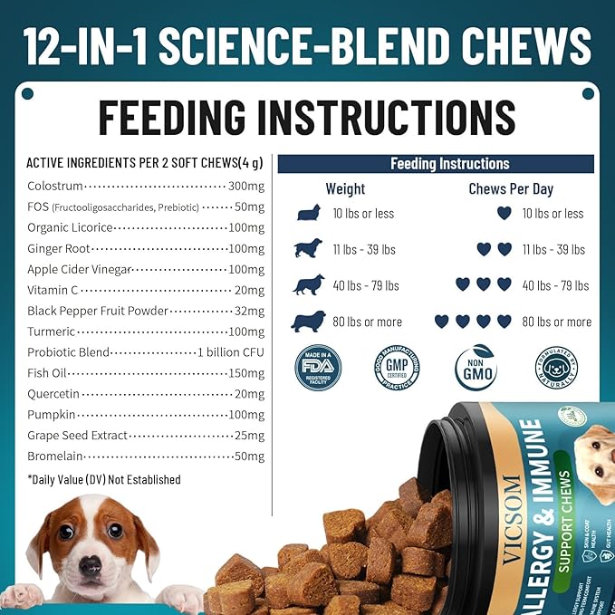 Dog Allergy Chews, 200 Dog Itching Skin Relief Chews, Immune & Seasonal Allergy Support, Paw Licking, Skin & Coat Support, Gut & Digestive Health, Dogs Allergy Relief, Chicken Flavor
