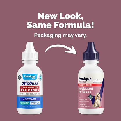 Vetnique Oticbliss Cat & Dog Ear Infection Treatment | Dog Ear Allergy Relief Drops, MicroSilver Yeast Infection Treatment for Dogs, Hydrocortisone for Itching, Redness Swelling (Ear Infection Drops)