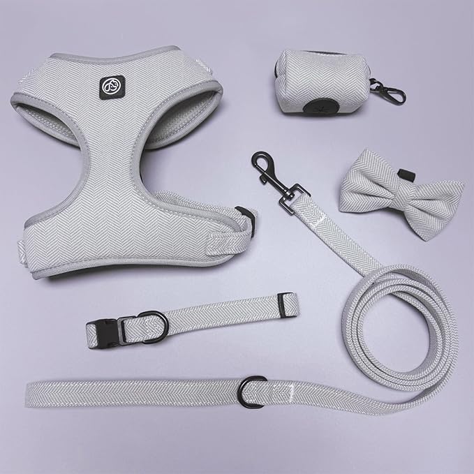EVERKING 5-Piece Dog Travel Set, Adjustable Harness, Leash, Collar, Poop Bags, Bowtie for Small Medium Dogs, Beige, Breathable No-Pull Design (Slate Gray, L)