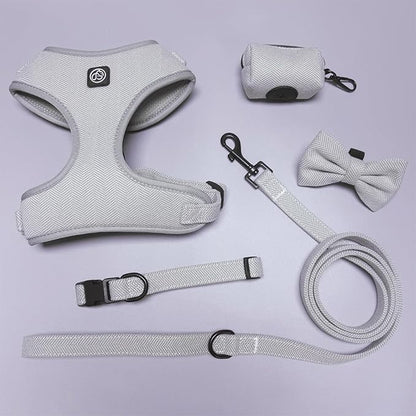 EVERKING 5-Piece Dog Travel Set, Adjustable Harness, Leash, Collar, Poop Bags, Bowtie for Small Medium Dogs, Beige, Breathable No-Pull Design (Slate Gray, XXS)