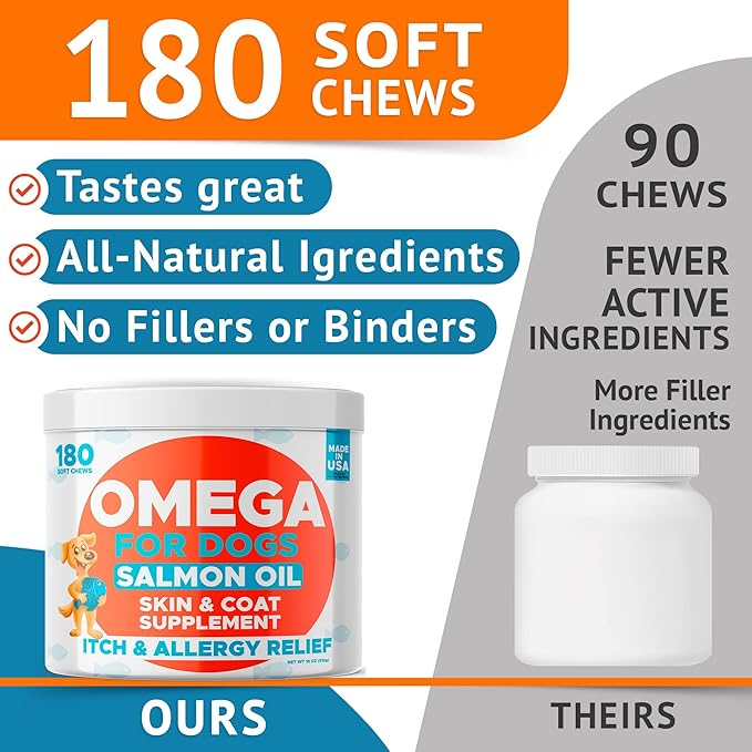 Omega 3 Alaskan Fish Oil Treats for Dogs (360 Ct) - Dry & Itchy Skin Relief + Allergy Support - Shiny Coats - EPA&DHA Fatty Acids - Natural Salmon Oil Chews - Alaskan Salmon Flavor