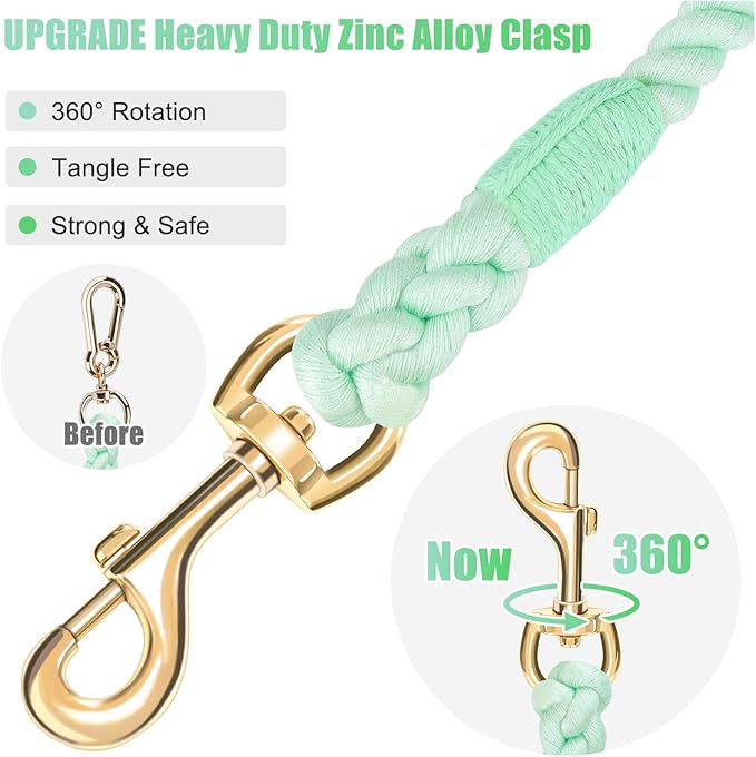 Dog Leash 6 FT Handmade Braided Cotton Rope Leashes for Small Medium and Large Dogs, New Golden Heavy Duty Metal Clasp, Light Green