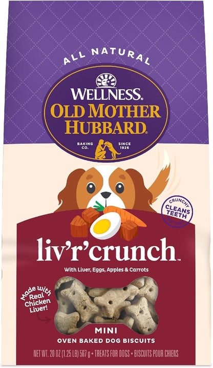 Wellness Old Mother Hubbard Classic Liv'R'Crunch Dog Biscuits, Natural Training Treats, Chicken Liver, Oats, Apple and Carrot Flavor, Mini Size, 20 oz Bag