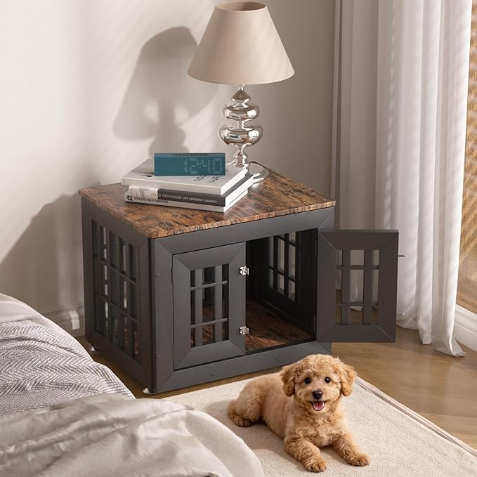 Snuowu 26" Heavy Duty Dog Crate Furniture for Small,Medium and Large Dogs,Rustic Wooden Dog Cage Kennel Indoor Furniture with Waterproof Top,Decorative Pet House Side End Table (Black & Wood)