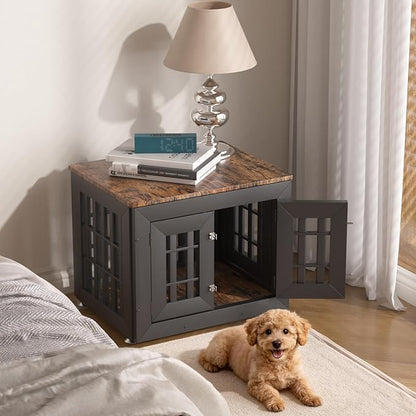 Snuowu 26" Heavy Duty Dog Crate Furniture for Small,Medium and Large Dogs,Rustic Wooden Dog Cage Kennel Indoor Furniture with Waterproof Top,Decorative Pet House Side End Table (Black & Wood)