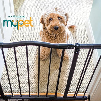 MyPet Windsor Arch Hold-Open & Auto-Close Pressure-Mount Pet Gate: Heavy-Duty Steel Gate 28.5in Tall Comes with Two 5in Extensions from 28in to 38in Wide in Matte Bronze