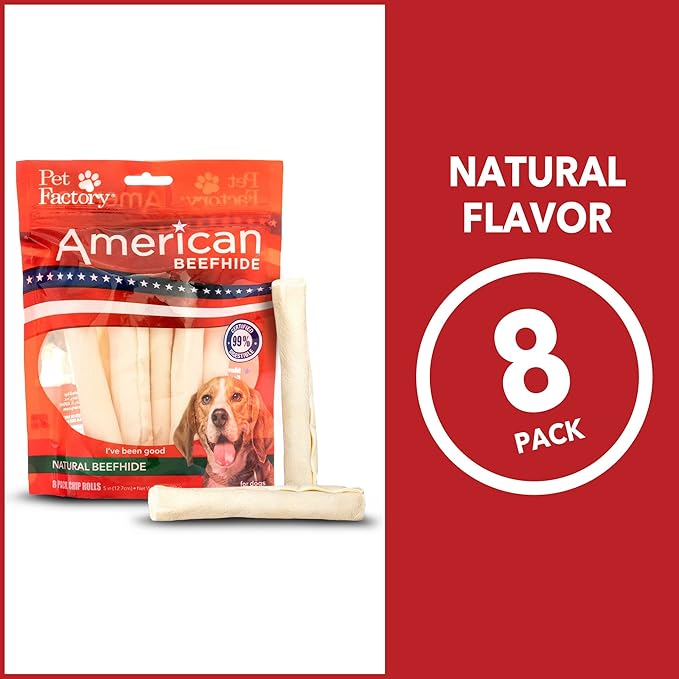Pet Factory American Beefhide 5" Chip Rolls Dog Chew Treats - Natural Flavor, 8 Count/2 Pack