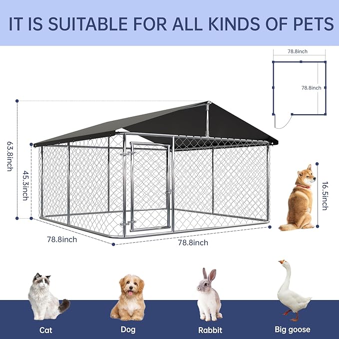 Petony 78"x 78" Outdoor Dog Enclosure Heavy Duty Dog Kennel House Mesh Dog Big Cage Pet Kennel Steel Fence with Secure Lock