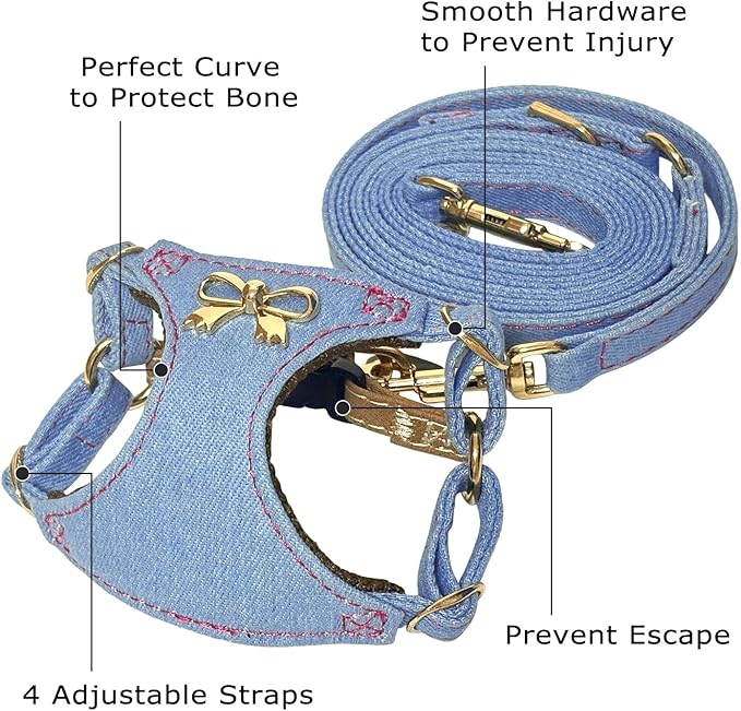 No Pull Dog Harness and Leash Set for Small Sized Dog Training Puppy Harnesses with Multifunction Dog Leash Soft Adjustable Denim No Choke Escape Proof Pet Harness for Small and Medium Dog (Blue XXS)
