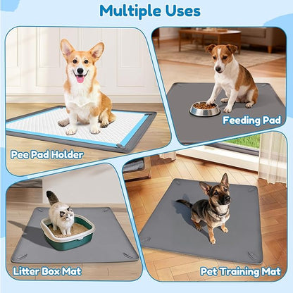 Puppy Pad Holder, 24” x 24” Dog Pee Pad Holder Tray with 4 Magnetic Clips, No Spill Raised Edge Indoor Silicone Dog Potty Trays, Leak-Proof Square Dog Toilet Training Pads Mat for Floor Protection