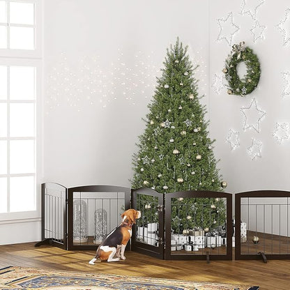 PAWLAND Freestanding Dog gate with Walk Through Door, Dog Gates for Doorways, The House, Stairs, 80" Wide Pet Puppy Safety Fence with Support Feet, 4 Panels, Espresso