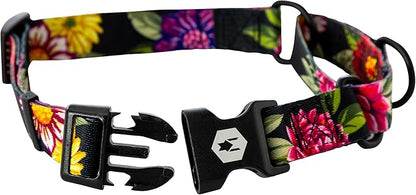 Wolfgang Heavy Duty Martingale Dog Collar with Quick Release Nylon Buckle for Walking & Training, DarkFloral Print, Large