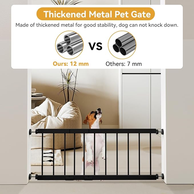 Dog Gate Indoor,18"-45" Adjustable Extra Wide Metal Short Dog Gate to Step Over, 18" Tall Small Pet Gate with 3 Extension Kits, Pressure Mounted Gate for Doorways & Stairs Black