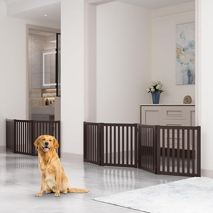 WELLAND 24" Freestanding Pet Gate, Foldable Indoor Wooden Dog Puppy Gate, 3 Panel Step Over Fence, Expands Up to 60" Wide, Espresso