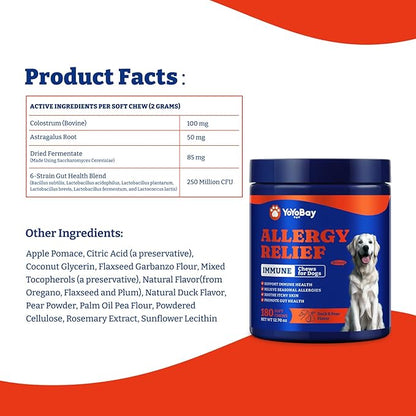 Dog Allergy Relief Chews – 180 Soft Chews, Duck & Pear Flavor - Immune Support & Itch Relief with Colostrum, Astragalus Root, 6-Strain Gut Health Blend