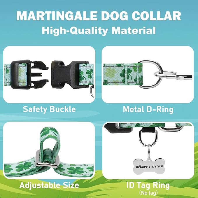 St.Patrick's Day Reflective Martingale Collar for Dogs with Quick Release Buckle Spring Clover Holiday Dog Collars (Shamrock, Large)