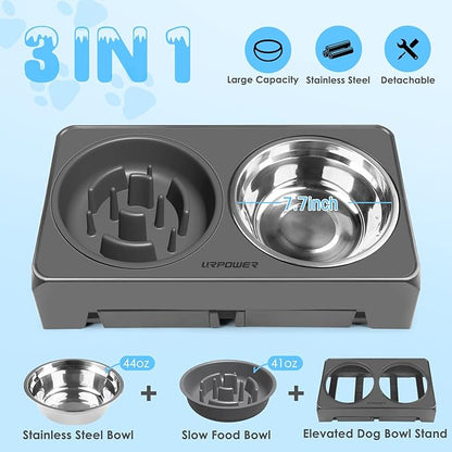 URPOWER Raised Dog Bowls 4 Height Adjustable Elevated Bowl Stand with Stainless Steel Water Bowl Non-Slip Dog Food Bowls Stand for Small Medium Large Dogs and Pets