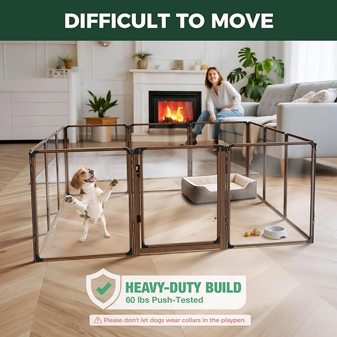 FXW AuraSpace Pro Acrylic Indoor Dog Playpen, Heavy-Duty with Metal Frame, 32" Height 12 Panels for Small and Medium Dogs, Walnut│Patented