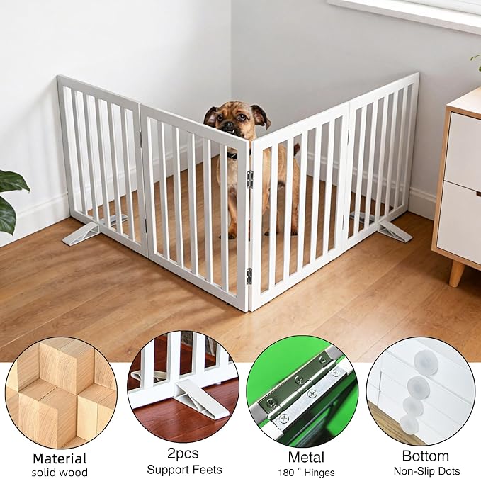 ZJSF Freestanding Indoor Dog Gate for House Foldable Wood White Puppy Gate for Doorways Pet Gate for Stairs Extra Wide Pet Fence 24" Height 4 Panels