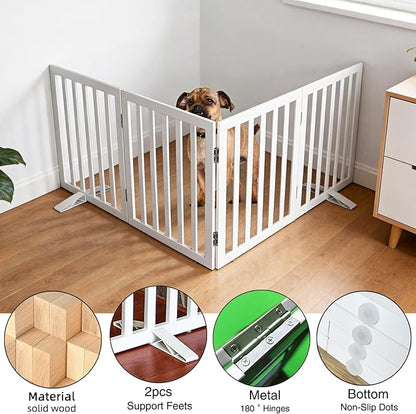 ZJSF Freestanding Indoor Dog Gate for House Foldable Wood White Puppy Gate for Doorways Pet Gate for Stairs Extra Wide Pet Fence 32" Height 4 Panels