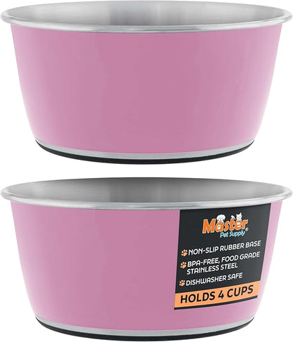 Master Pet Supply Stainless Steel Dog Bowls Set of 2 (32 Oz Each) with Non-Slip Rubber Base - Hyper Pink - Basic Dog Food Bowl Water & Food Bowls for Small Medium Large Dogs & Cats, Metal Dish