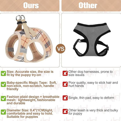 BEAUTYZOO Small Dog Harness and Leash Set,Step in No Choke No Pull Soft Mesh Dog Harnesses Reflective for Extra-Small/Small Medium Puppy Dogs and Cats, Plaid Dog Vest Harness for XS S Pets, Beige M