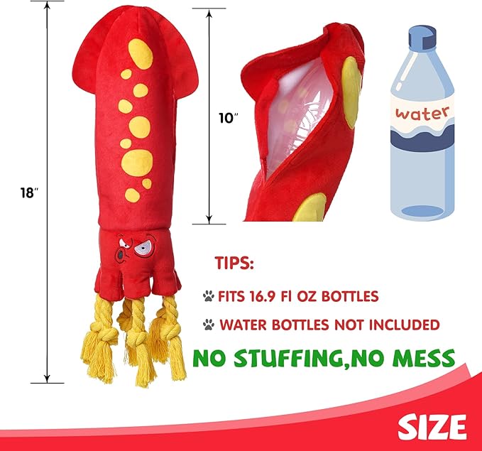lilfrd Water Bottle Dog Toys - Dog Puzzle Squeaky Enrichment Treat Dispensing Rope Snuffle Plush Toy, No Stuffing Durable Soft Crunchy Toys for Small Medium Large Dogs Puppy - Octopus Squid