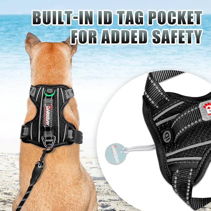 BARKBAY No Pull Dog Harness Large Reflective Dog Harness with Front Clip and Easy Control Handle for Walking Training Running with ID tag Pocket(Black,XL)