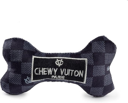 Haute Diggity Dog Chewy Vuiton Bone Plush Squeaky Dog Toy, Soft Durable Designer-Inspired Stuffed Puppy Chew Toys for Small & Medium Dogs, Machine-Washable (Black Checker) Small