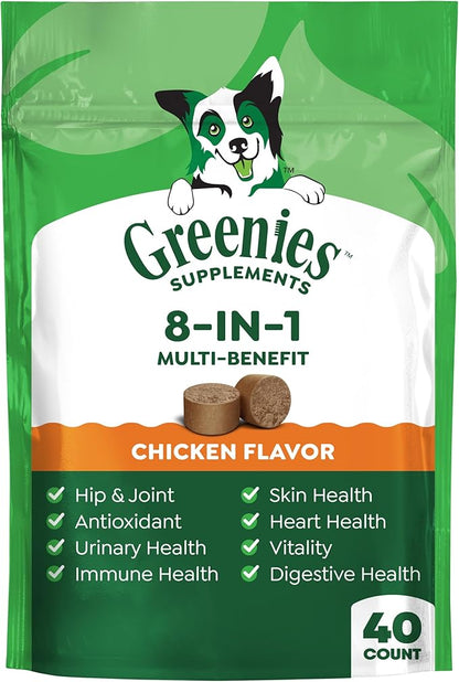 Greenies Dog Supplements 8-in-1 Multi-Benefit Dog Vitamins and Supplements Chicken Flavor, 7.76 oz. Pouch, 40 Count