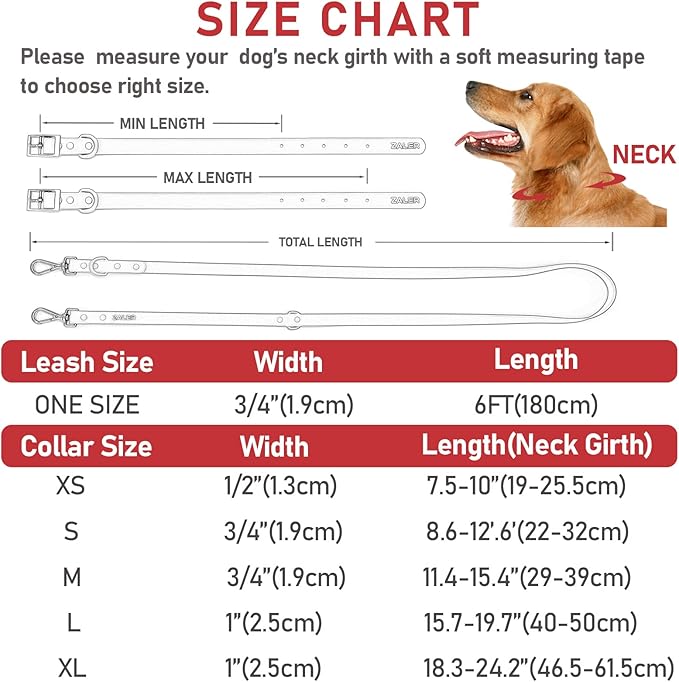 ZALER Dog Collar and Leash Set, Waterproof Adjustable Odor Proof Pet Collars Leashes Easy to Clean, 6FT Dog Leash with 2 Hooks for Large, Medium Small Dogs (XS, Red)
