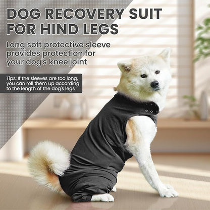 IDOMIK Dog Recovery Suit,Dog Leg Sleeve to Stop Licking Rear Legs,Thigh Wound Protective Sleeve,Male Female Pet Surgical Clothes,Doggy Surgical Suit with Pants Cover,Cone Collar Alternative,Black,S