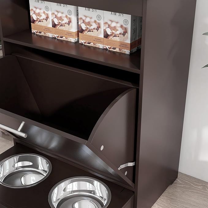 PawHut Dog Feeding Station with Raised Bowls & Storage Cabinet, Pet Feeder Cabinet Container with Hanger for Feeding & Watering Supplies, Dog Food Organizer, Brown