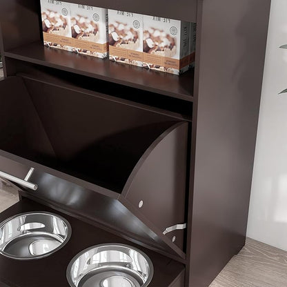 PawHut Dog Feeding Station with Raised Bowls & Storage Cabinet, Pet Feeder Cabinet Container with Hanger for Feeding & Watering Supplies, Dog Food Organizer, Brown