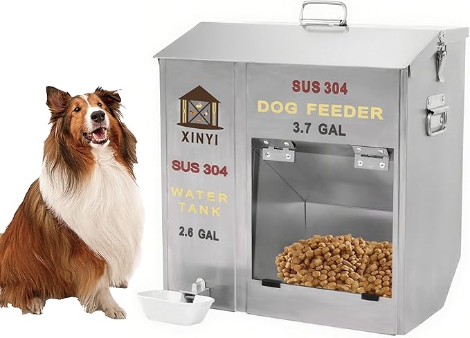 Xinyi Stainless Steel Dog Feeder and Waterer 2-in-1, Gravity Dog Feeder, Aluminum Alloy Water Cup, Automatic Feeder Waterpoof and Sturdy, Transparent Acrylic Observation Window, 3.7 Gallon