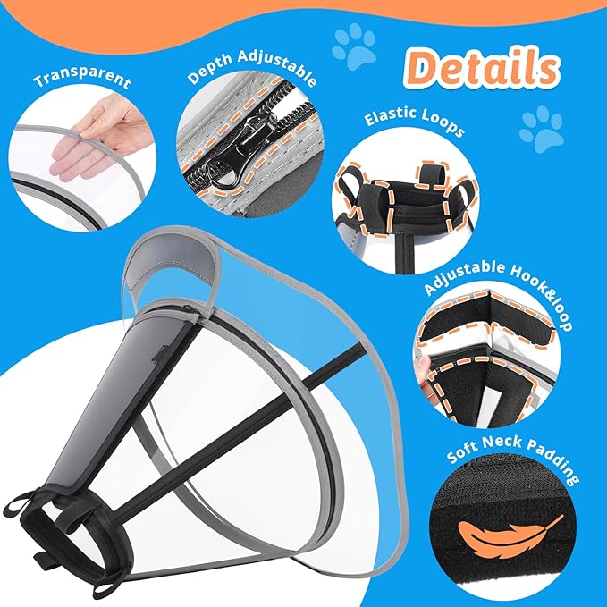 Extended Dog Cone to Stop Licking, Adjustable Depth, Transparent Recovery Collar for Large Medium Dogs, Soft E-Collar After Surgery Neuter with Reflective Strip for Night Visibility XXL